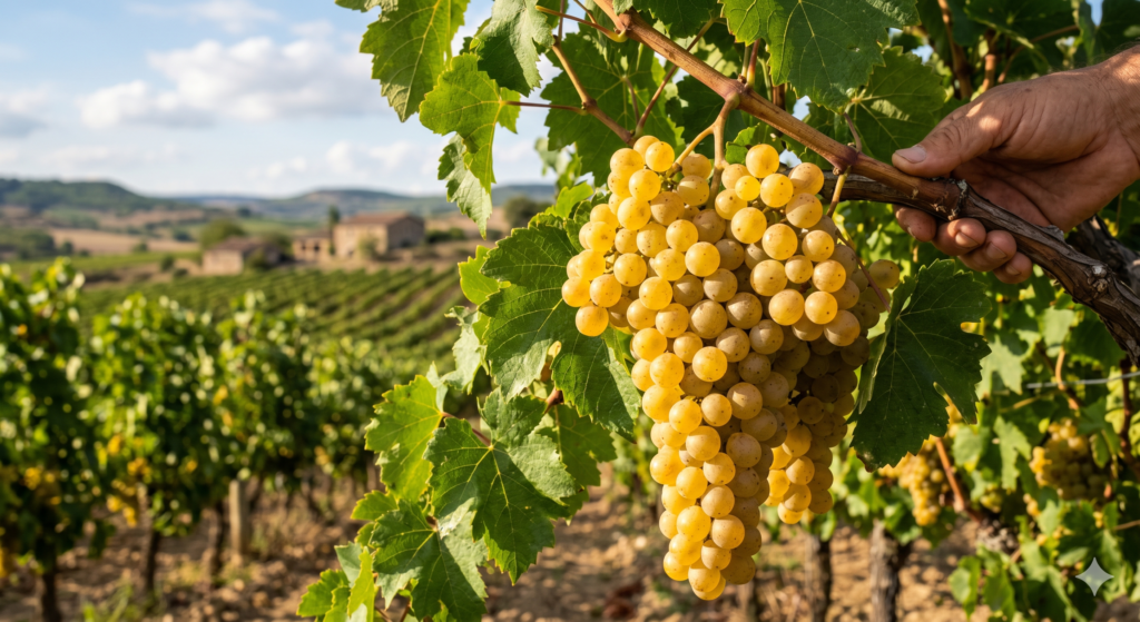 Viñedo de uva albillo mayor con un racimo de uva blanca en una rama como protagonista de la foto