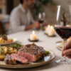Meridaje de carnes, Mesa con un plato y una copa de vino tinto