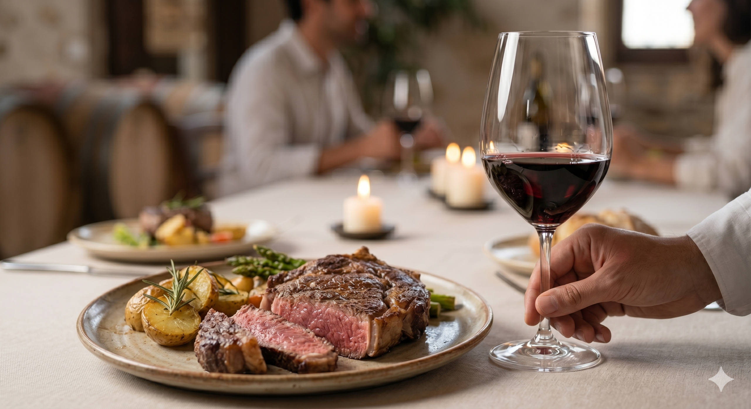 Meridaje de carnes, Mesa con un plato y una copa de vino tinto