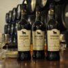 Copa de vino generoso Oloroso en una bodega tradicional de Jerez con barricas al fondo.