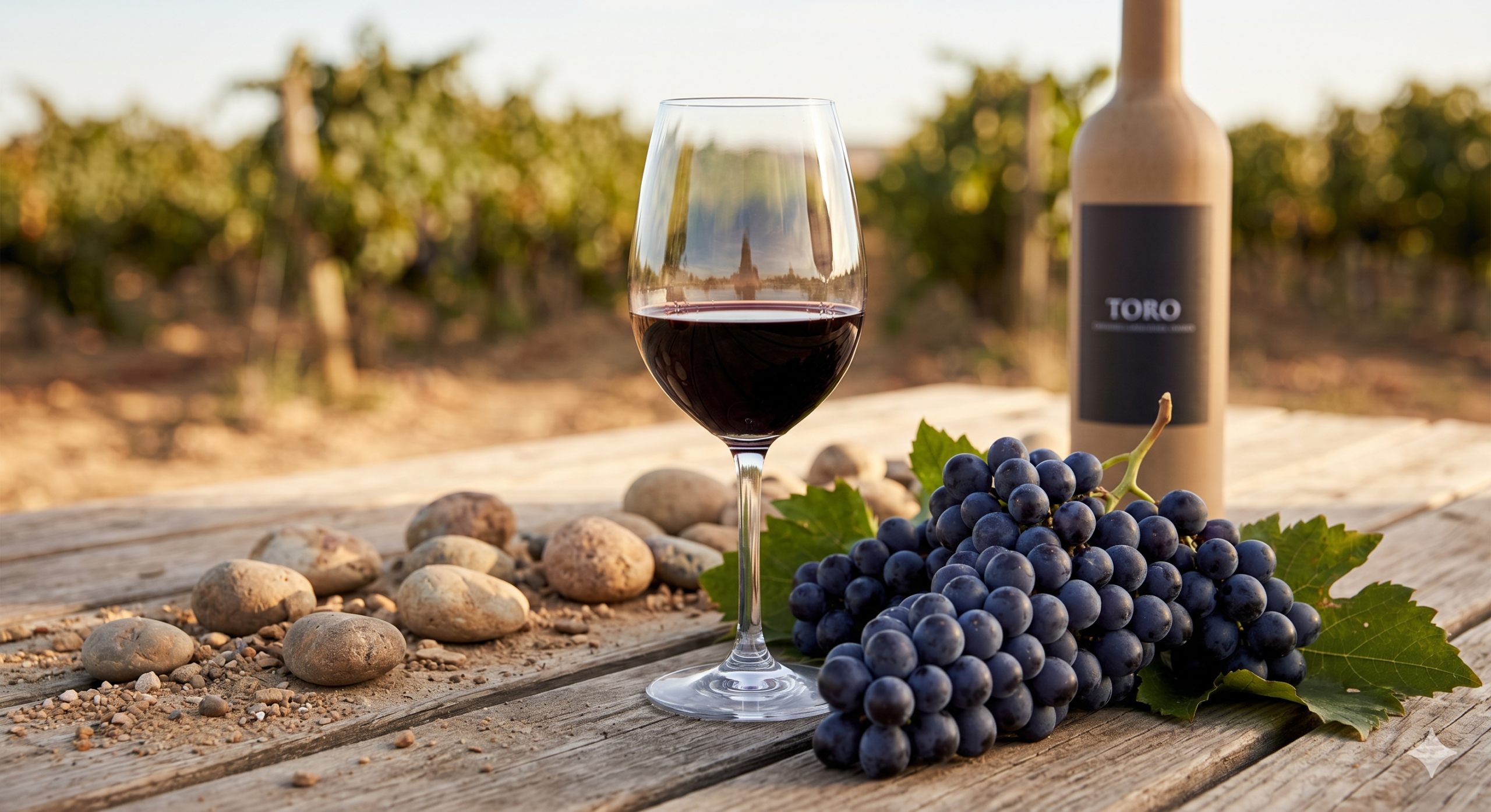 Copa de vino tinto D.O. Toro y uvas Tinta de Toro sobre suelo de cantos rodados