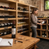 Un pequeño y elegante estante de madera con botellas de vino dispuestas de forma horizontal en un rincón oscuro y fresco.