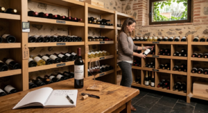 Un pequeño y elegante estante de madera con botellas de vino dispuestas de forma horizontal en un rincón oscuro y fresco.