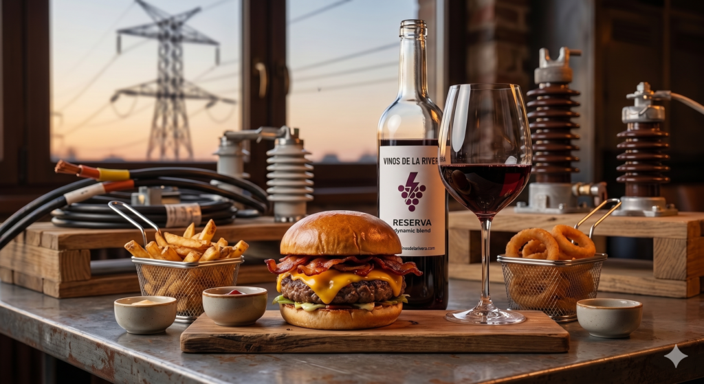 Una copa de vino tinto elegante dispuesta al lado de una hamburguesa gourmet en un ambiente de cena informal.