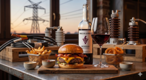 Una copa de vino tinto elegante dispuesta al lado de una hamburguesa gourmet en un ambiente de cena informal.