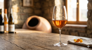 Copa de vino naranja (orange wine) sobre una mesa rústica de madera con vasija tradicional de arcilla al fondo.