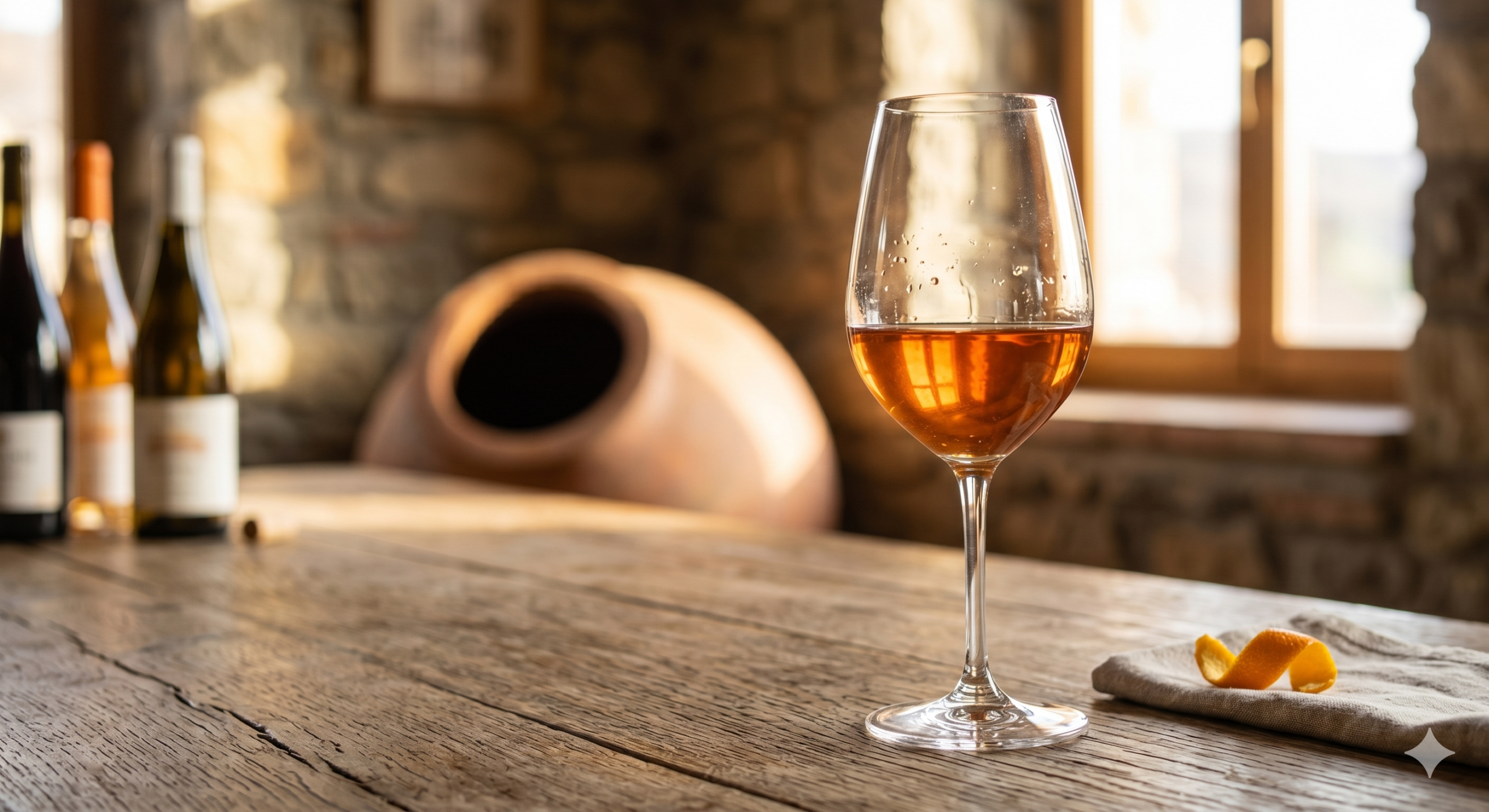 Copa de vino naranja (orange wine) sobre una mesa rústica de madera con vasija tradicional de arcilla al fondo.