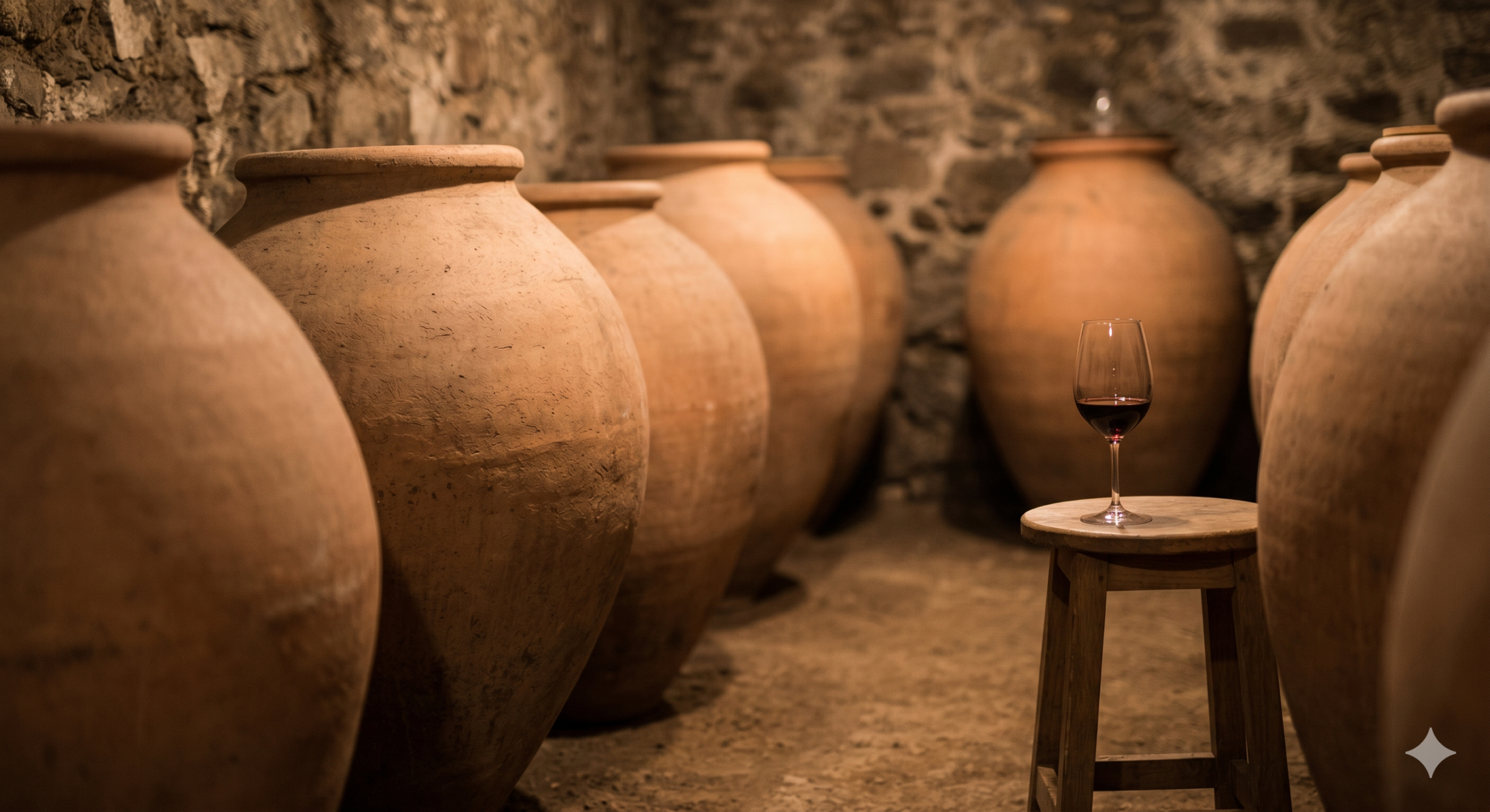 Bodega tradicional con grandes tinajas de barro y ánforas utilizadas para la crianza natural del vino.